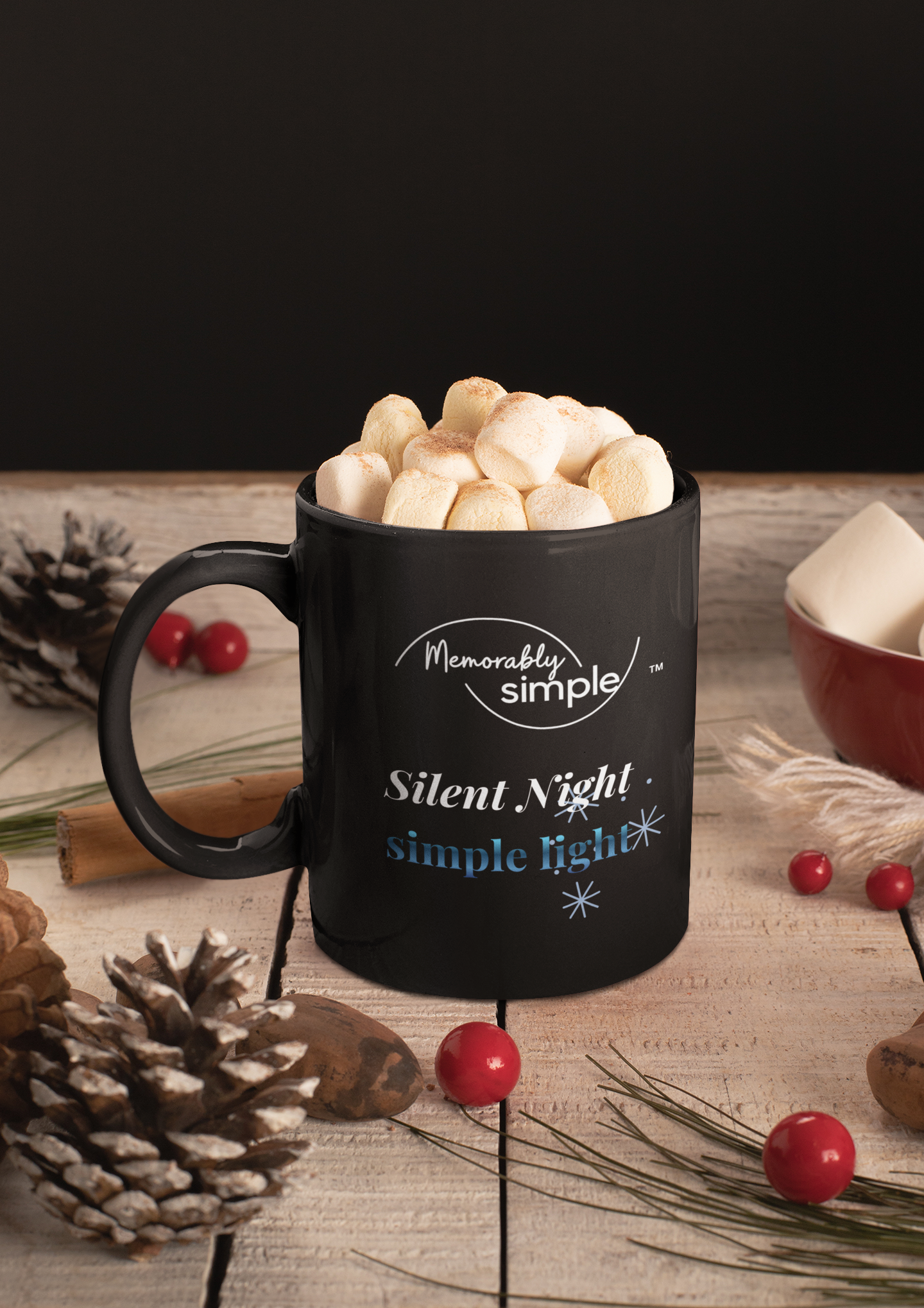 Silent Night • simple light — Black Ceramic Mug | Memorably Simple