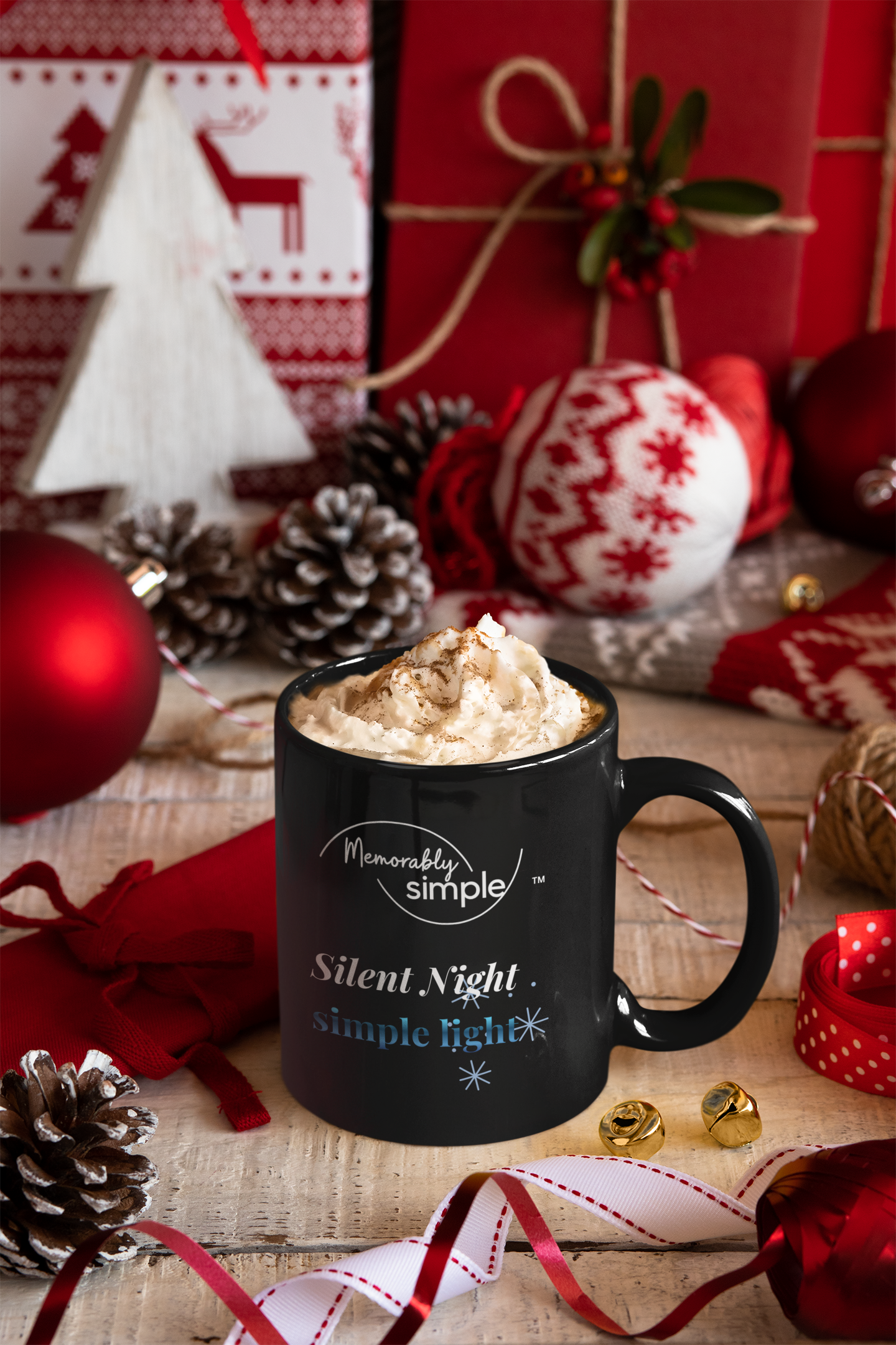 Silent Night • simple light — Black Ceramic Mug | Memorably Simple
