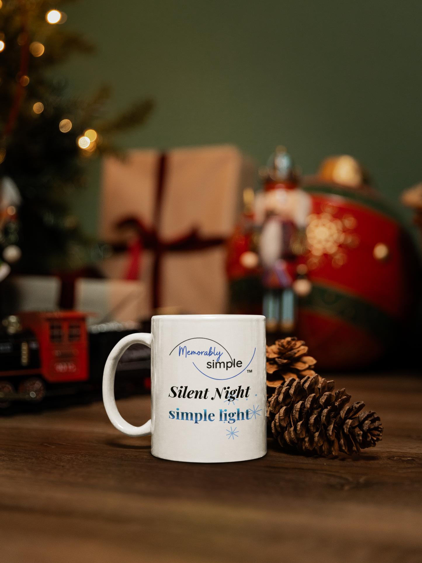 Silent Night, simple light — White Ceramic Holiday Mug (11oz)